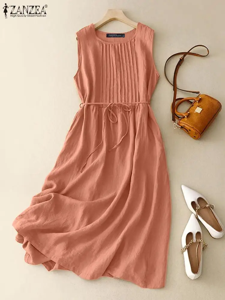 ZANZEA Women Round Neck A-lin Midi Dress Korean Casual Tank Robe Casual Solid Pleated Vestidos 2024 Summer Sleeveless Sundress - Image 3
