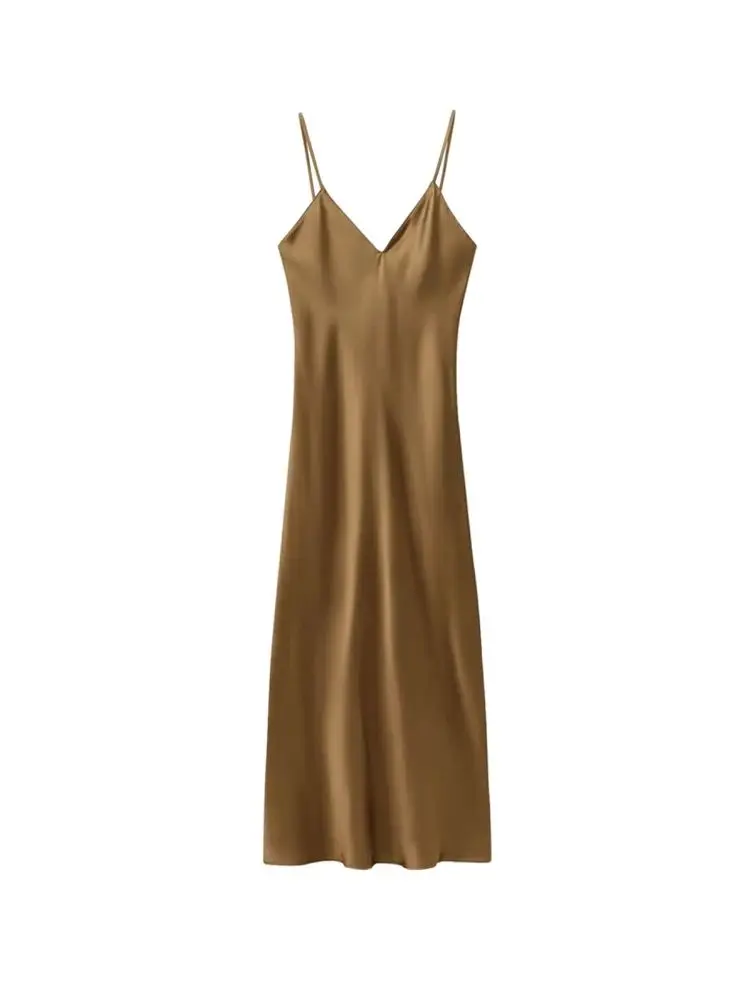 TRZA-Women's Satin Midi Dress, V Neck, Thin Straps, Backless, Female Dresses, Sexy Fashion - Image 5