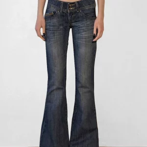 Weekeep Vintage y2k Flared Jeans Retro Button-up Low Rise Casual Denim Pants Harajuku 2000s Trousers Basic Aesthetic Mom Jeans