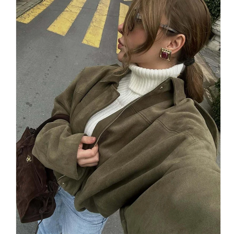MUJER 2025 Suede Bomber Jackets for Women Outerwears Oversized Jacket Woman Streetwear Zip Women's Coats Padded Varsity Jackets - Image 3