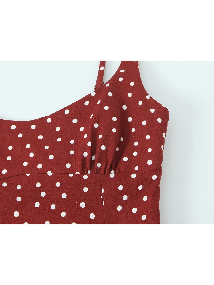 TFMLN 2025 Women Slit Sling Dress Casual Retro French Style Dot Printed Spaghetti Strap Midi Dress Female Fashion Summer New - Image 4