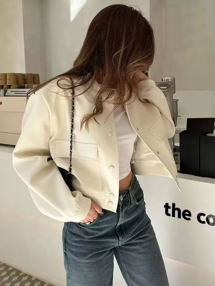 TRZA Women Fashion With Pockets Bomber Jacket Coats Vintage Long Sleeve Front Button Casual Female Outerwear Chic Tops - Image 5