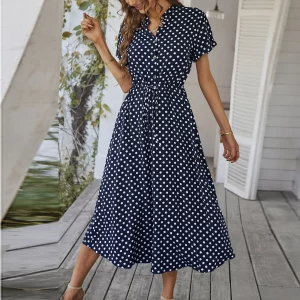 Elegant retro polka dot dress Women's Summer Midi Dress V Neck Single Breasted Short Sleeve Dresses Fashion Print Dress