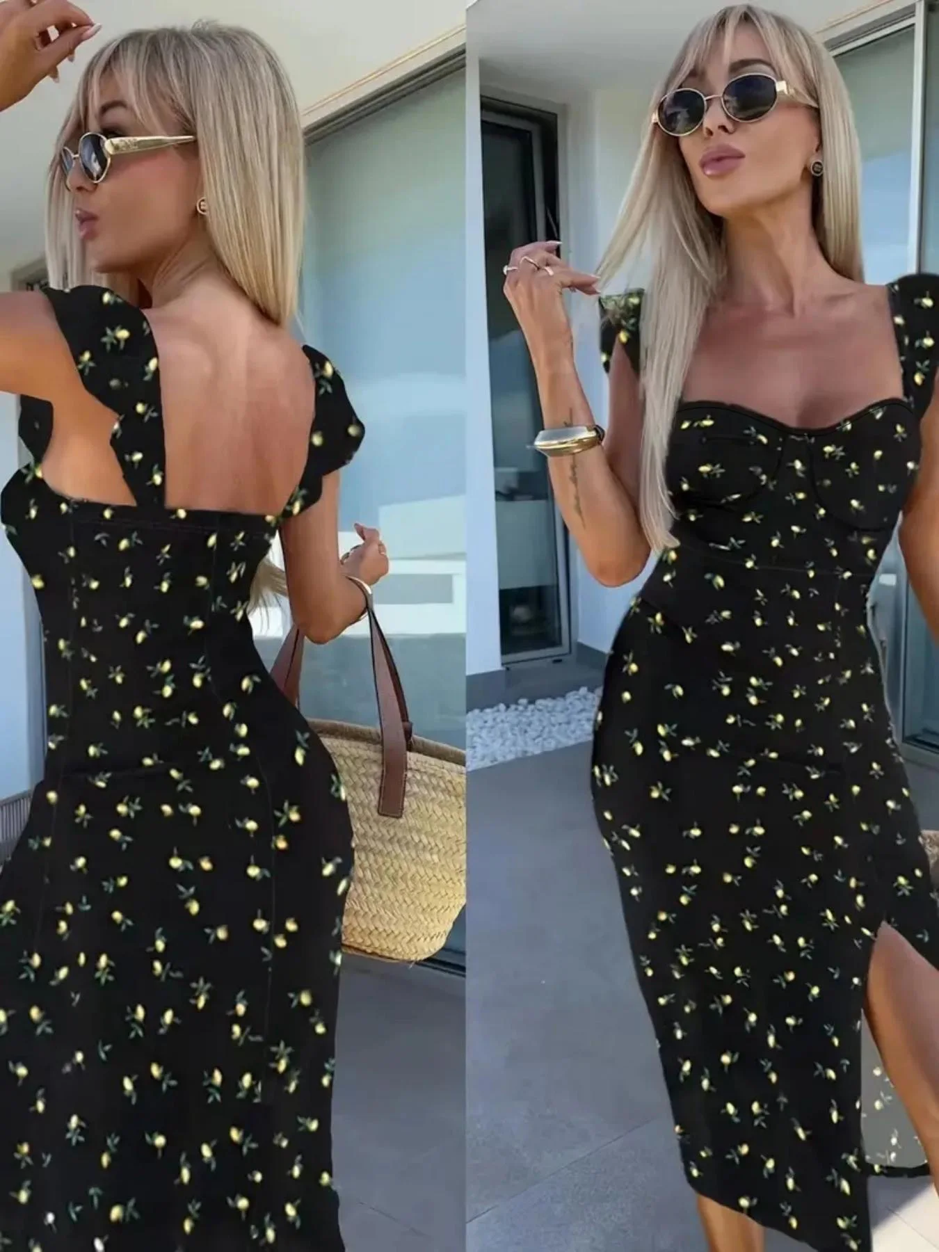 New European and American summer elegant design printed suspender slit midi-length ladies dress - Image 2