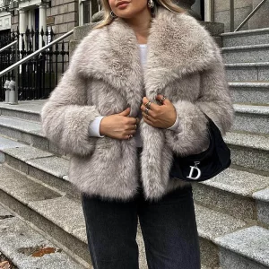 TRAFZA Women Fashion Cropped Faux Fur Jacket Coat Long Sleeve Front Snap-button Female Outerwear Chic Lapel Collar Thick Coat