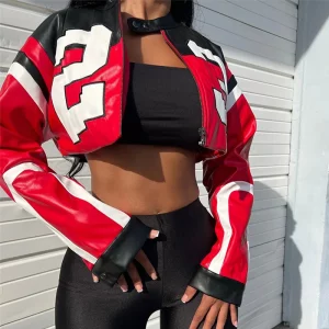 Women Crop Coat New Streetwear Fashion Letter Print Autumn Casual Sporty Wild Clothing Uniform Trend Female Faux Leather Jacket