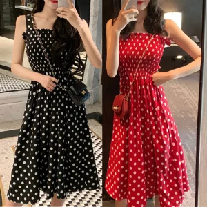Sexy Off Shoulder Polka Dots Midi Dress Women 2024 Summer Casual High Waist Elegant Office Laides Dresses For Women