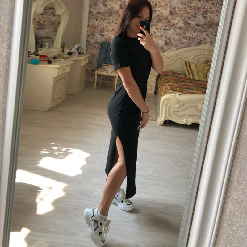 Summer Korean Style Midi Dress Women Casual Black Long Dresses Short Sleeve Sexy Plus Size Side Open Party Maxi T Shirt Dress - Image 3