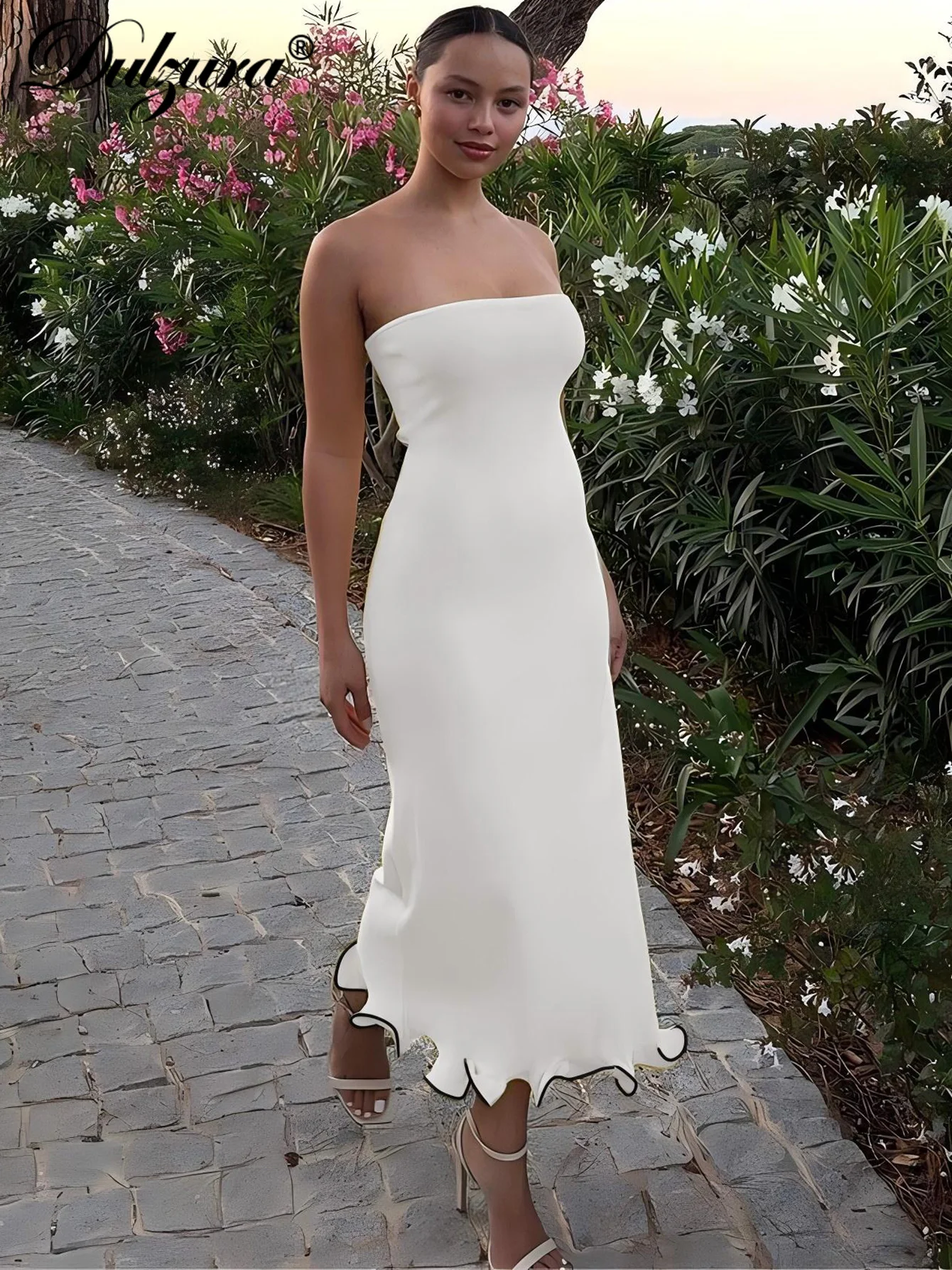 Dulzura Sleeveless Ruffles Patchwork Strapless Bodycon Midi Dress Women'S Solid Sexy Outfit Party Clubwear For Autumn Winter - Image 2