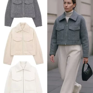 TRAFZA Women Outerwear Grey Coats With Pockets Turn-Down Collar Long Sleeve Zipper Jacket Fashion Woman High Street Lady Outfits