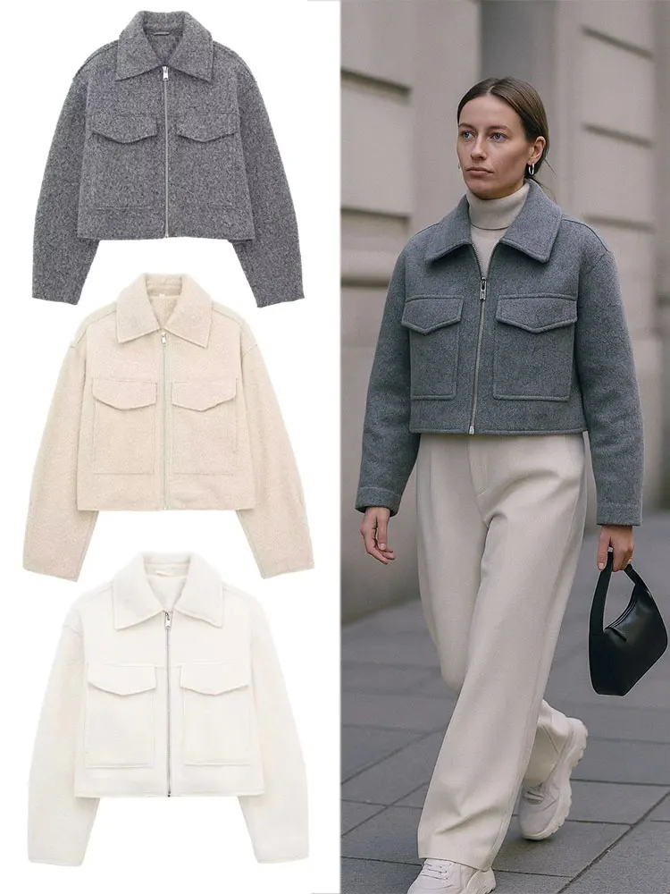 TRAFZA Women Outerwear Grey Coats With Pockets Turn-Down Collar Long Sleeve Zipper Jacket Fashion Woman High Street Lady Outfits