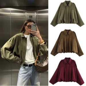 ETJ 2025 TRAF Spring new women's suede texture effect Loose version of fashion lapel shoulder bomber jacket