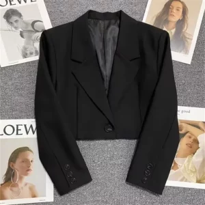 Black Cropped Blazers Woman Trend 2025 New All-match Notched Collar Crop Jacket Women Korean Chic Single Button Suit Coat