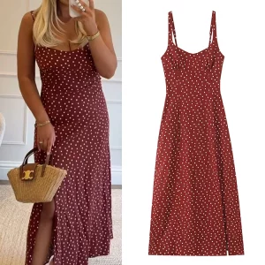 TFMLN 2025 Women Slit Sling Dress Casual Retro French Style Dot Printed Spaghetti Strap Midi Dress Female Fashion Summer New