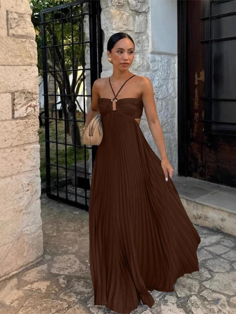 2025 New Women's Fashionable and Elegant Summer Camisole Beach Vacation Long Dress Elegant Backless Pleated Long Dress - Image 5
