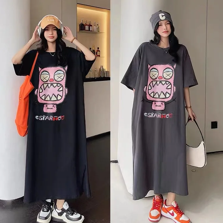 Summer New Loose Fit Printed ort Sve round Ne Dr Cartoon Anime Commute Sle Korean Version H pe Long Dr - Image 5