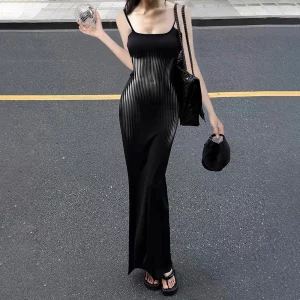 CUTENOVA Elegant Spaghetti Straps Print Long Dress Solid Color Sleeveless Square Neck Wrap Party Dress Summer Backless Cami